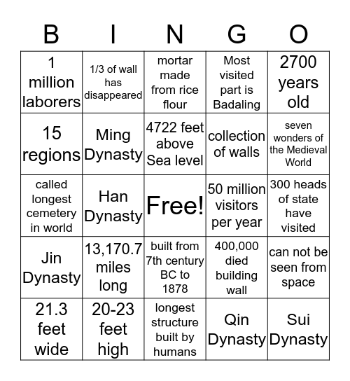 Great Wall of China Bingo Card