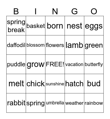 Spring Break Bingo Card