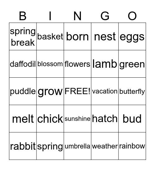 Spring Break Bingo Card