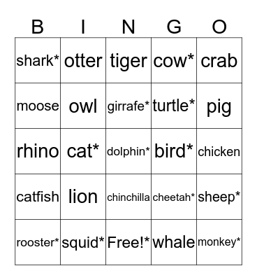 Animal bingo Card