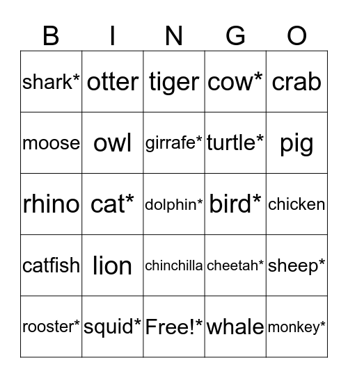 Animal bingo Card
