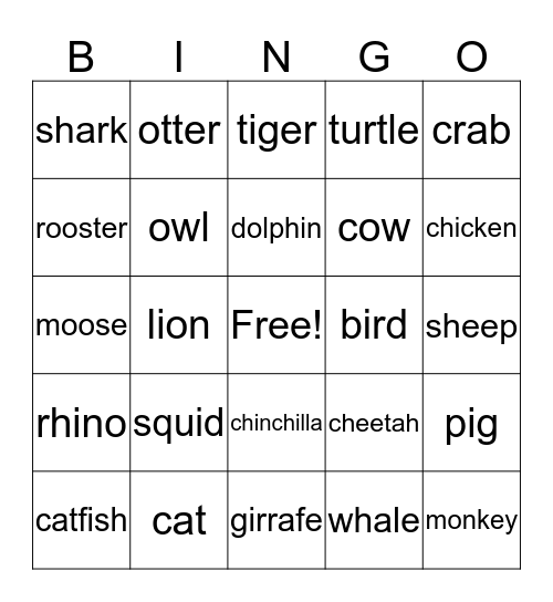 Animal bingo Card