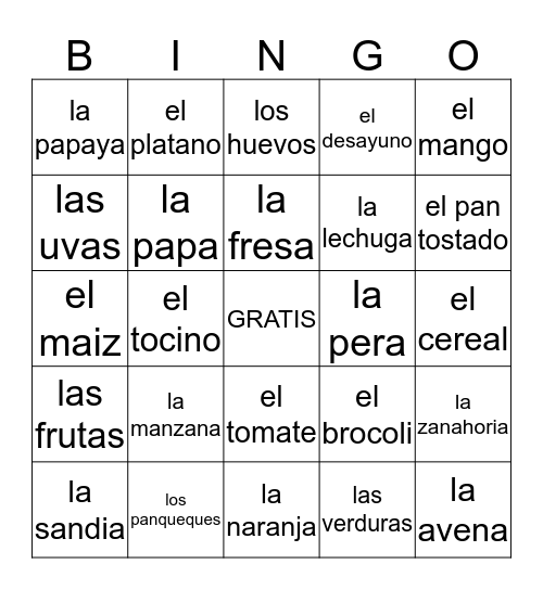 Vocabulario de las frutas, las verduras y el desayuno Bingo Card