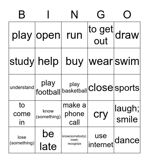 Yct 3 动词 Verbs New Words Bingo Card