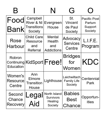 Community Resources Bingo! Bingo Card