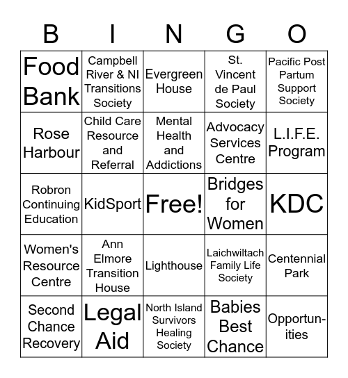 Community Resources Bingo! Bingo Card