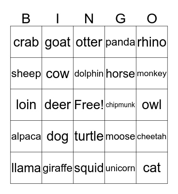 animals Bingo Card