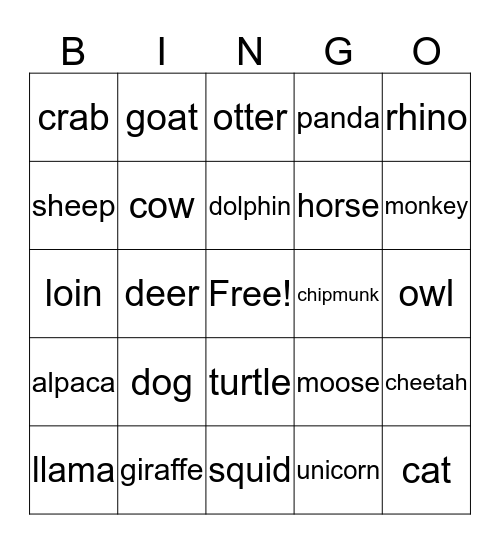 animals Bingo Card