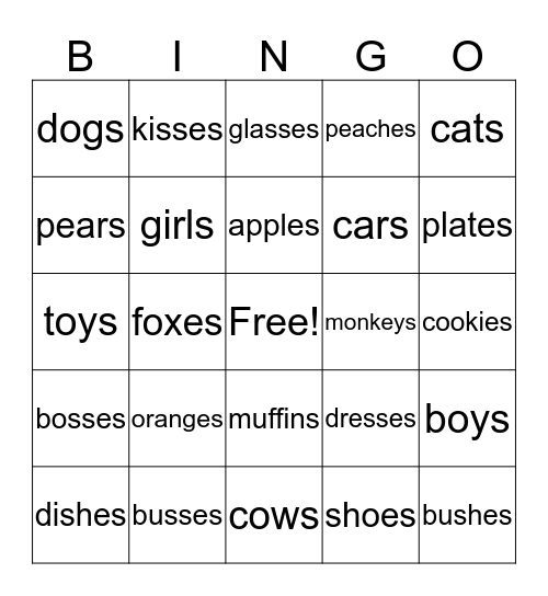 Plural Noun Bingo Card