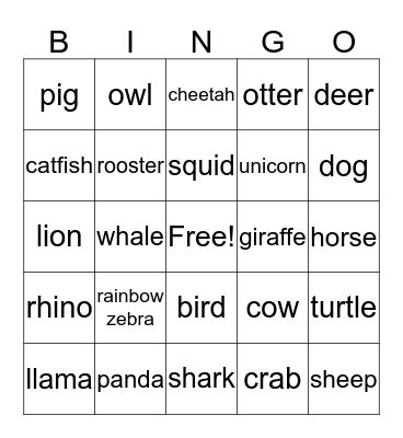 ANIMAL BINGO!!!! Bingo Card