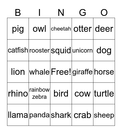 ANIMAL BINGO!!!! Bingo Card