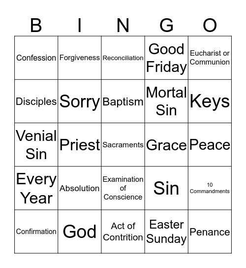 Sacrament of Confession Bingo Card