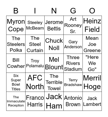 PITTSBURGH STEELERS BINGO Card