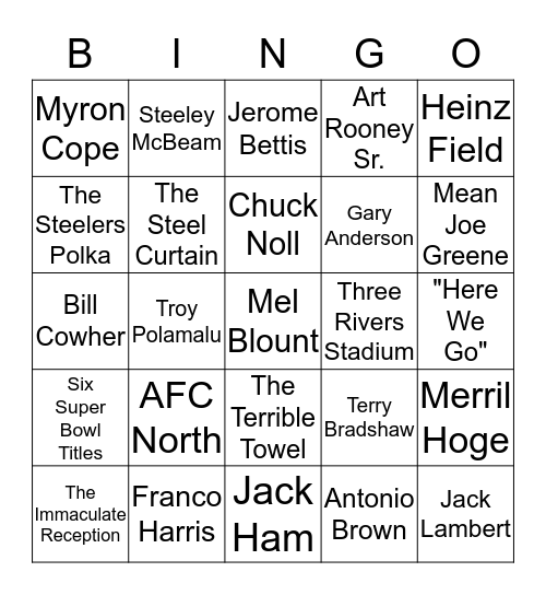 PITTSBURGH STEELERS BINGO Card