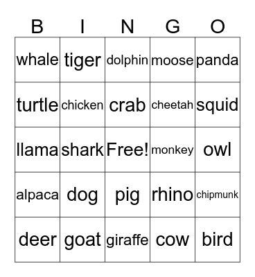 Animals Bingo Card