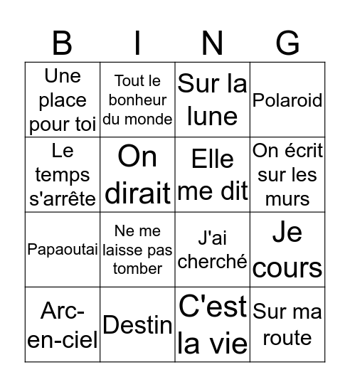 Bingo des chansons francophones Bingo Card