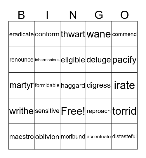 Vocabulary Bingo Card