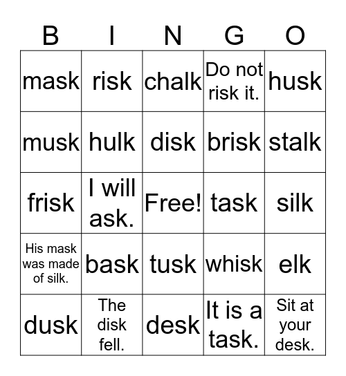 End Blends -sk/ -lk Bingo Card