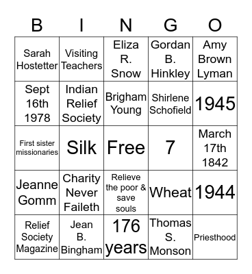 Lakeside 7th Ward Relief Society Bingo Card