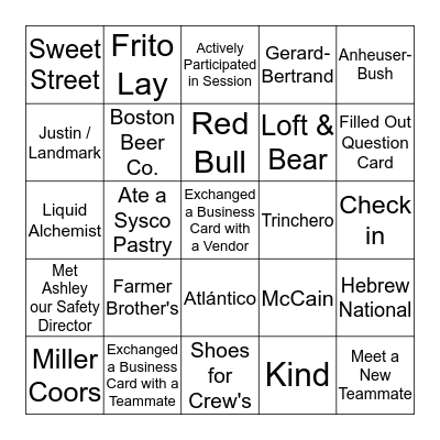 Food & Beverage Meeting Bingo Card