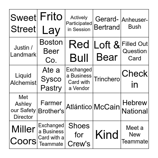 Food & Beverage Meeting Bingo Card