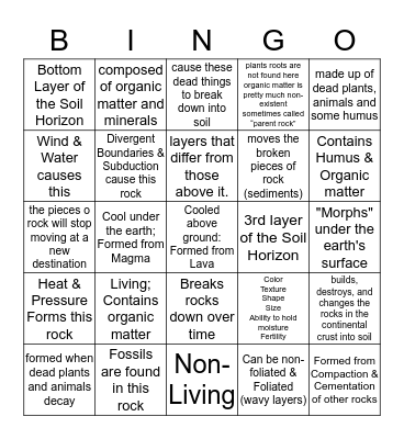 Soil & The Rock Cycle Bingo Card