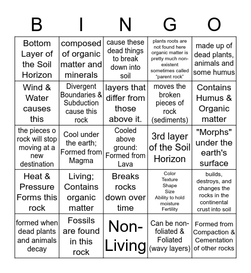 Soil & The Rock Cycle Bingo Card