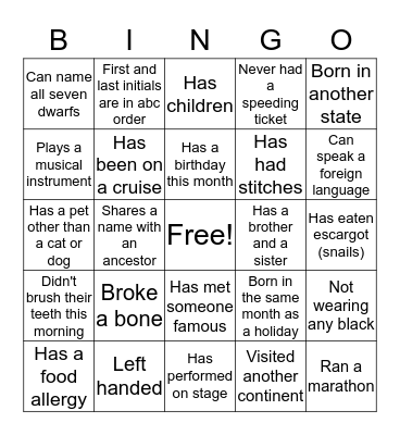 Get To Know Bingo Card