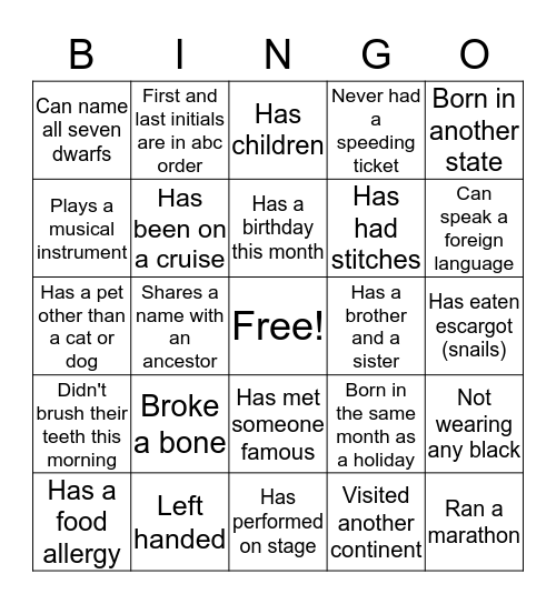 Get To Know Bingo Card