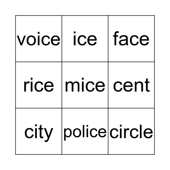 soft c   'c as in city' Bingo Card