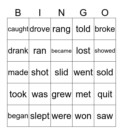 Past Simple Tense Bingo Card