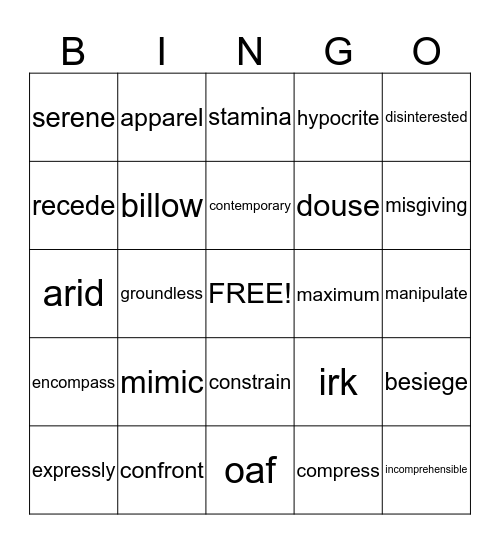 Vocabulary Bingo Card