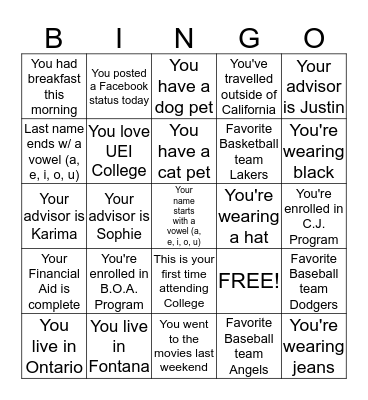 UEI College Bingo Card