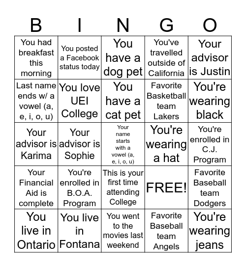 UEI College Bingo Card