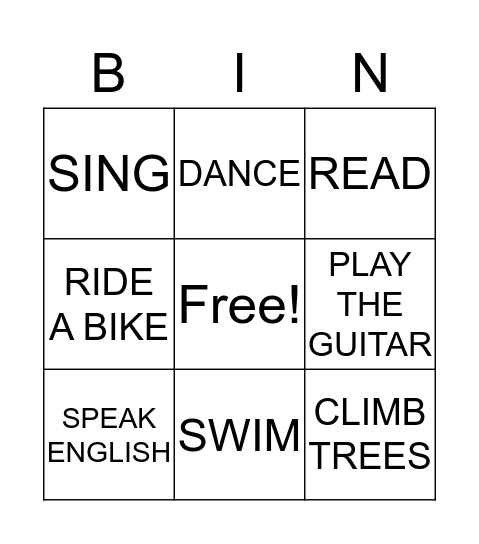 VERBS Bingo Card