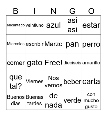 Spanish Bingo  Bingo Card
