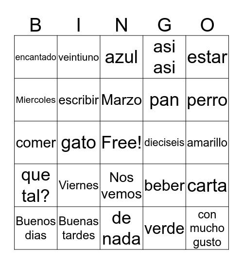 Spanish Bingo  Bingo Card