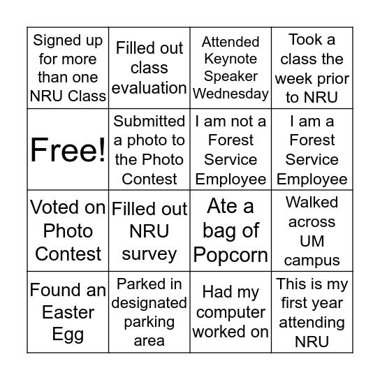 NRU Bingo Card