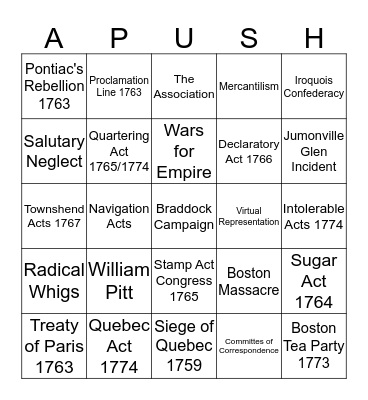 Duel for North America/ Road to Revolution Bingo Card