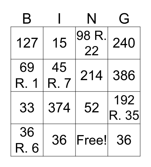 Division Bingo Card