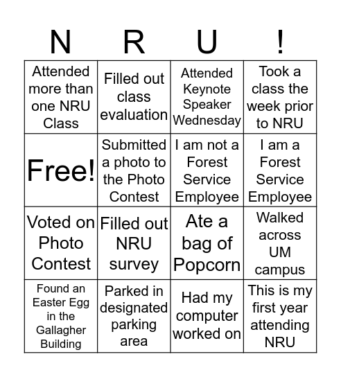 NRU Bingo Card