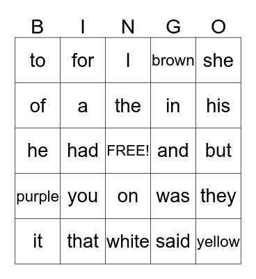 Sight Words Bingo Card