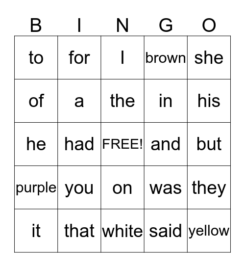 Sight Words Bingo Card