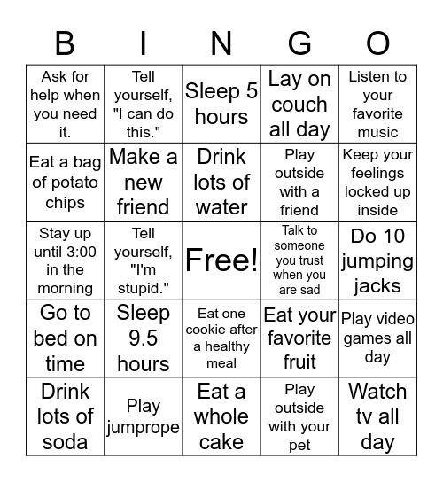 Wellness Bingo - Healthy or Unhealthy Bingo Card