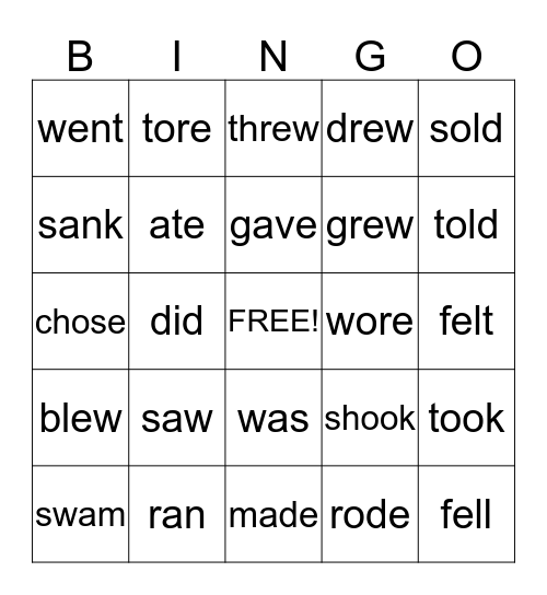 Irregular past tense verbs Bingo Card