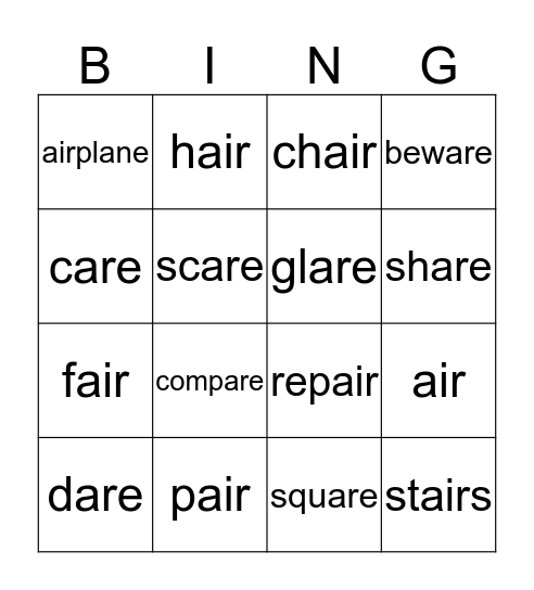 are & air words Bingo Card