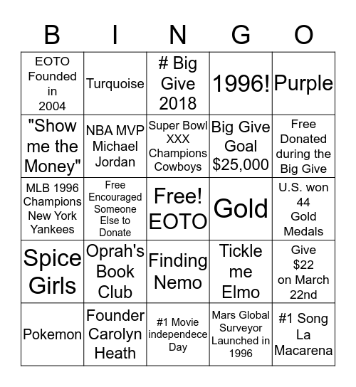 #BigGiveParty2018 Bingo Card