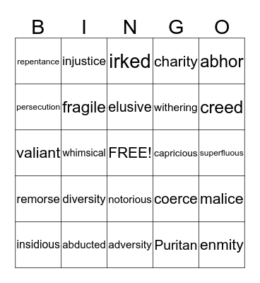 American Literature - Unit 1 Bingo Card
