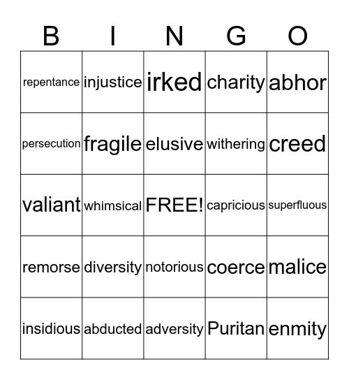 American Literature - Unit 1 Bingo Card