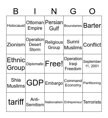 Middle East Bingo Card